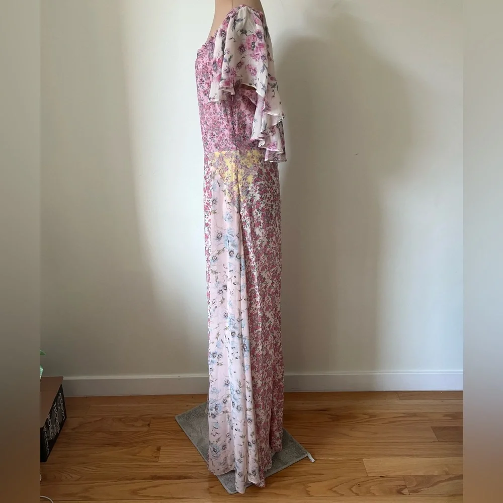 LoveShackFancy Evelyn Pink Multi Floral Maxi Silk Off the Shoulder Dress EUC 6 - Picture 5 of 11